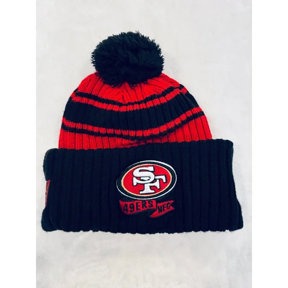 San Francisco 49ers NFL Knit Beanie Hat Fleece Lined Pom Cuffed Red Black OSFM